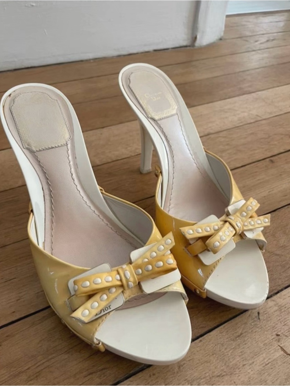 Dior Yellow and White Bow-Accent Open-Toe Heels